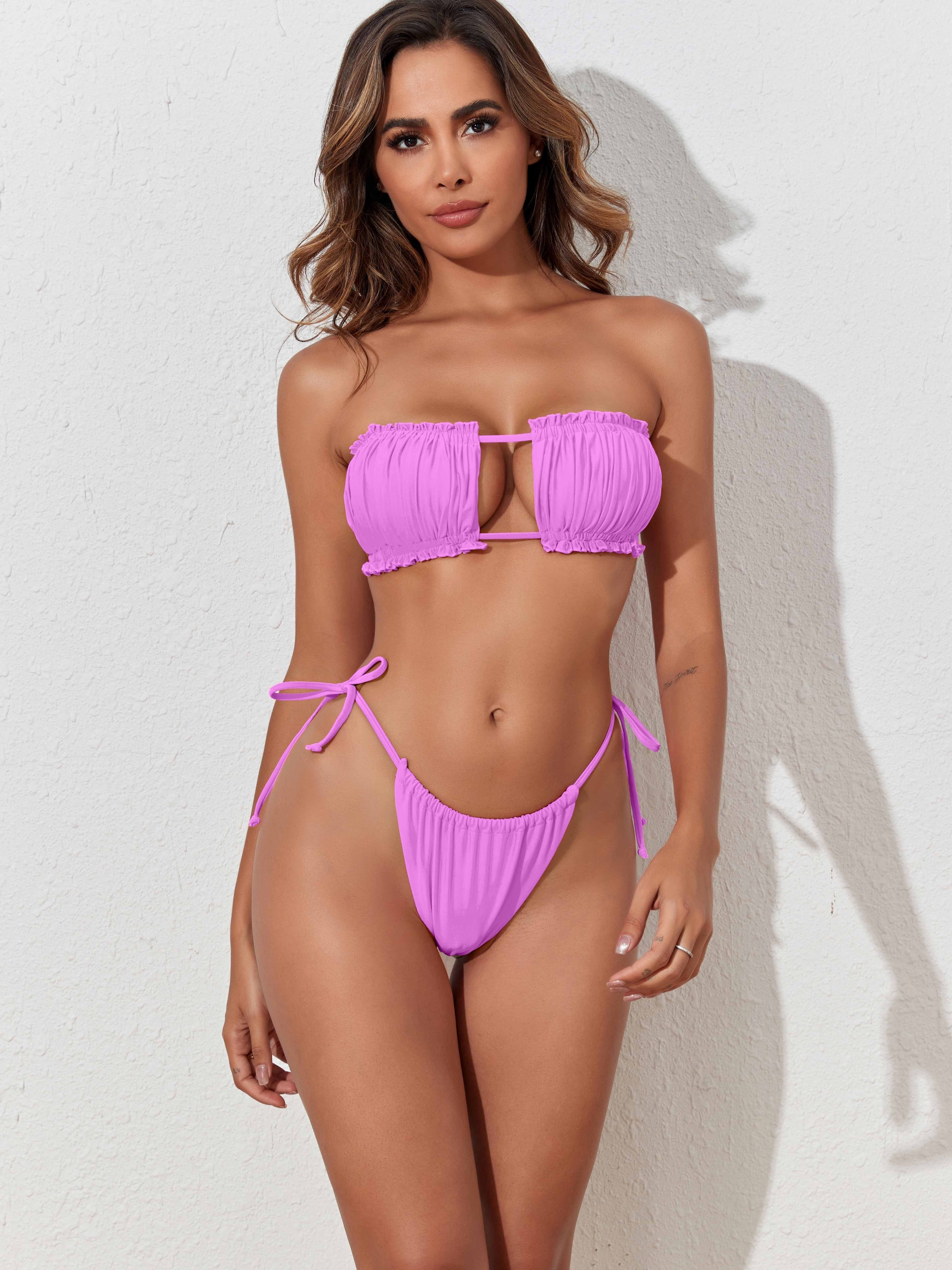 Solid Color Bikini Set Sexy Slim Swimwear Small Chest Cover Gathered Wrap Bathing  Suit Low Waist Lacing Split Swimsuit 
