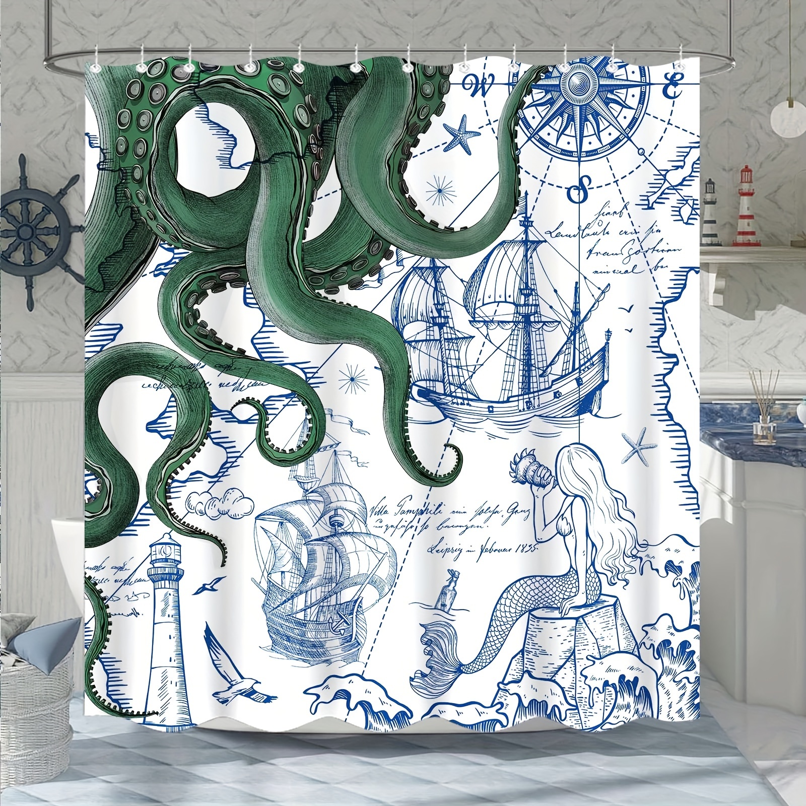 Blue Nautical Octopus Shower Curtain Navy Mermaid Funny - Temu Canada