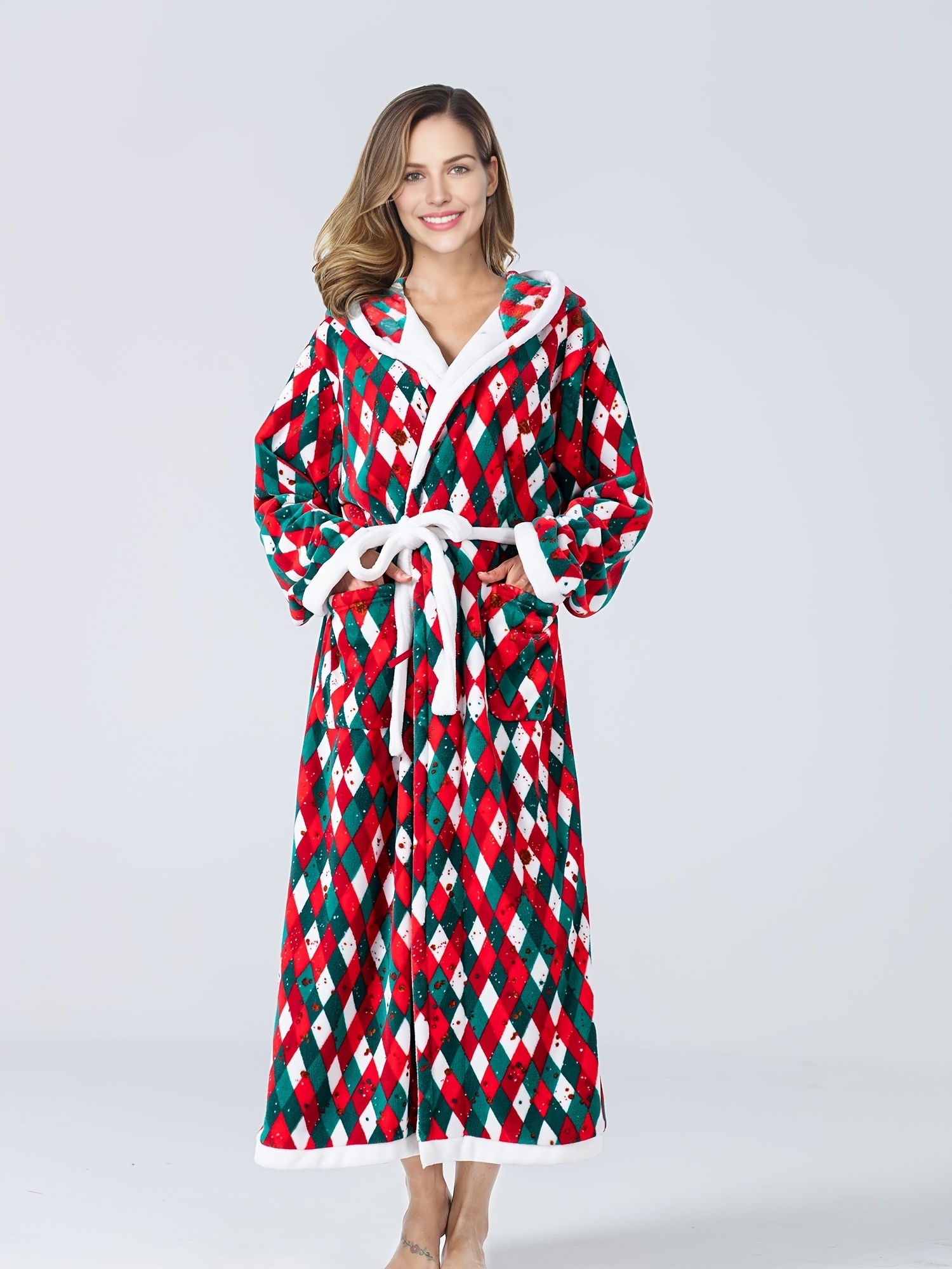 Womens Hooded Christmas Square Plush Robe Nightgown Temu