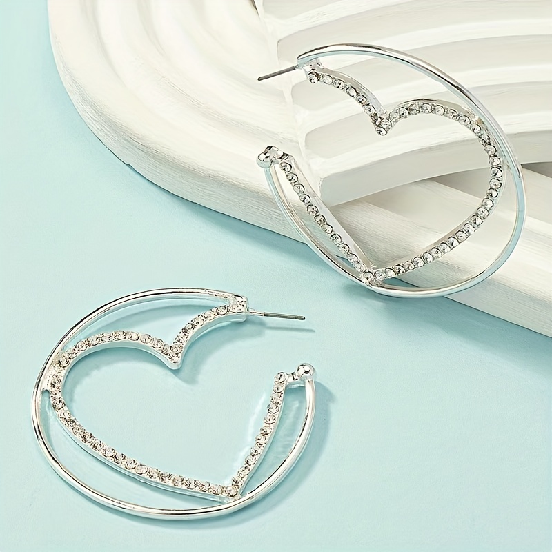 hollow heart with sparkling synthetic gems decor dangle earrings cute minimalist style zinc alloy silver plated jewelry female gift details 2