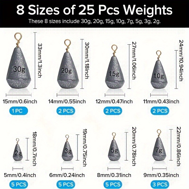 25pcs Small Fishing Weights Sinkers, Mixed 8 Sizes, Deep Sea Fishing  Weights, Assorted 2g 3g 5g 7g 10g 15g 20g 30g Iron Fishing Sinkers &  Weights With
