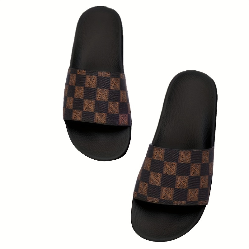 

Men's Checkered Design Slides, Casual Non Slip Slippers, Open Toe Shoes For Indoor Outdoor Beach Shower, Spring And Summer