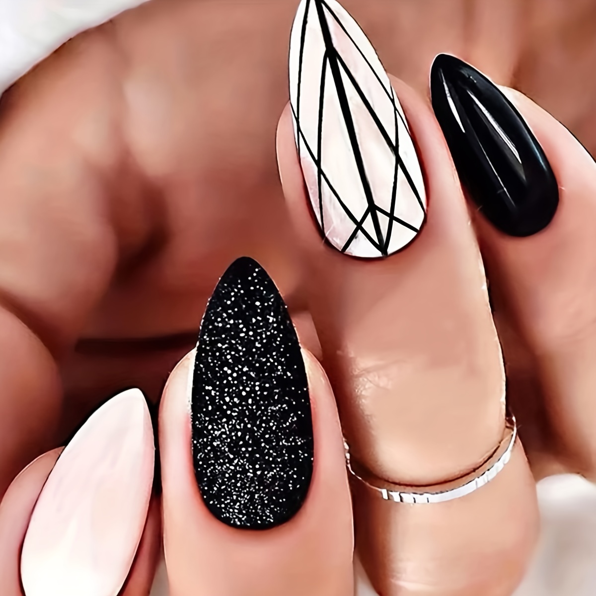 Dark Black Glitter Powder Long Almond Acrylic Nails Stiletto Black Full  Cover Art Set With Glue Charm For Y2K Music Parties And Sexy Girls From  Blueberry06, $5.73