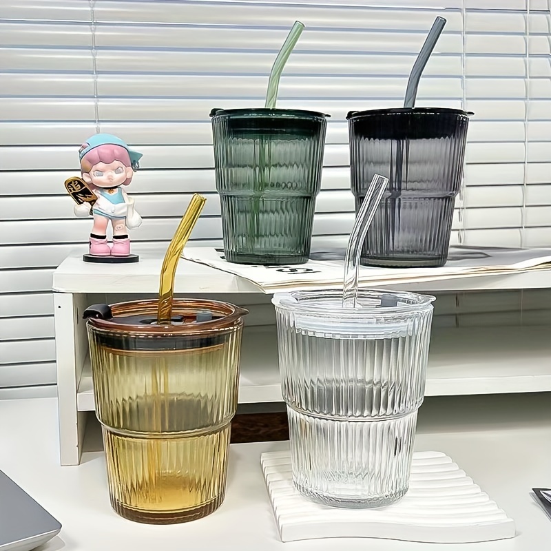 1pc Transparent Striped Glass Coffee Cup With Lid & Glass Straw