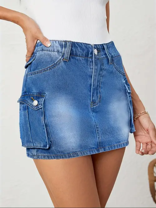 Blue Flap Pockets Cargo Denim Mini Skirt Slim Fit Slight Stretch Y2k ...