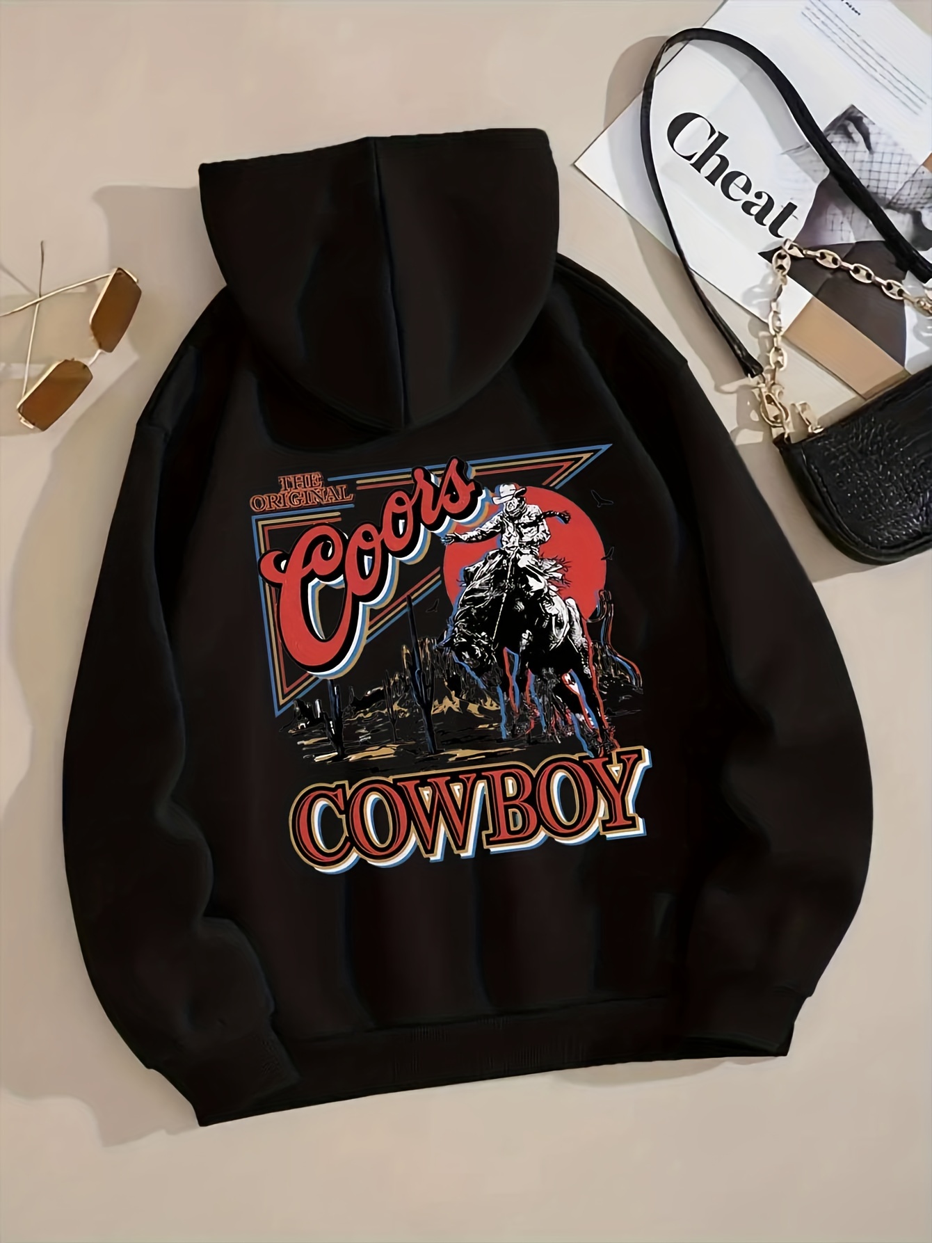 Western Cowboy Print Hoodie Vintage Drawstring Kangaroo Pocket Hoodies  Sweatshirt Womens Clothing, Buy More, Save More