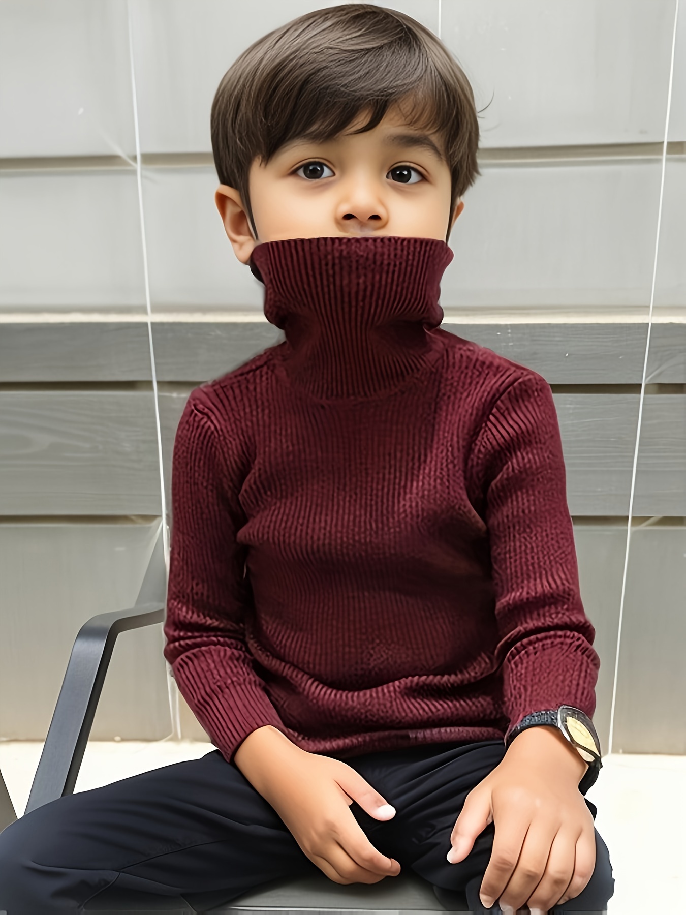 Kid's Basic Turtleneck Sweater, Warm Cable Knit Pullover, Casual