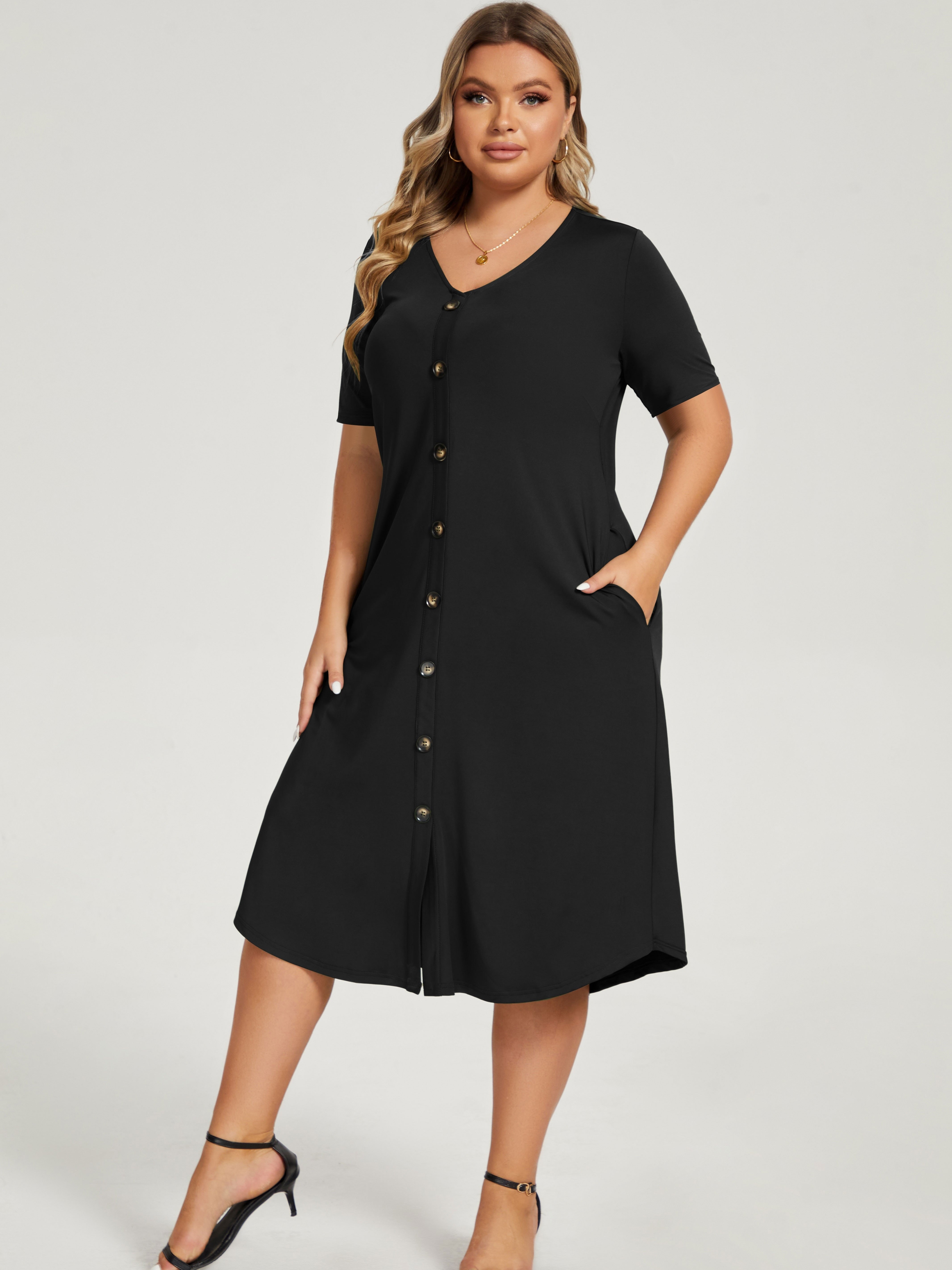 PIMOXV Women's Plus Size Solid Deep V Neck Short Sleeve Tunic Layered Flowy  Swing with Pockets Maxi Dress, Plus Size A Line Dress