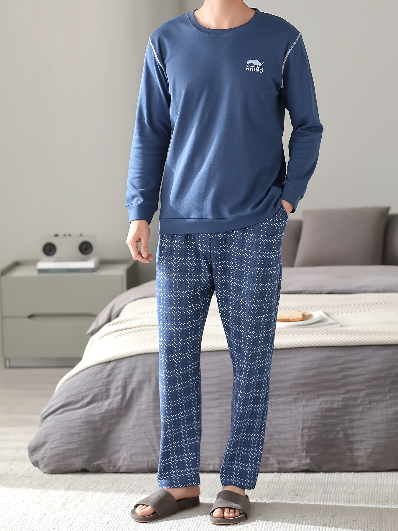 Men's Cotton Long Sleeve Pajamas Set Spring Autumn Winter, Loungewear Set, Men's Loose Fit Clothes, Crew Neck Shirts & Pants