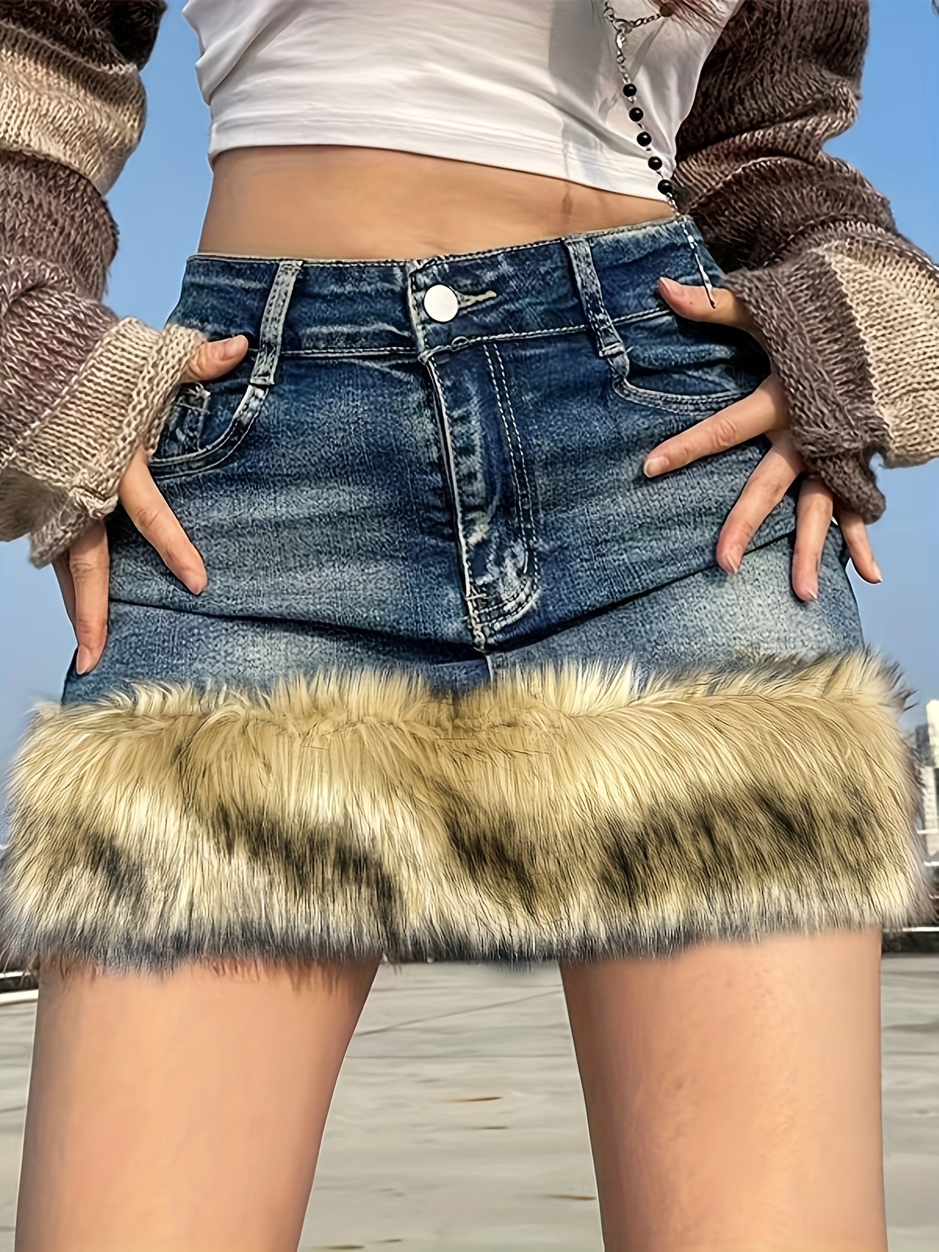 Plush Faux Fur Hem High * Denim Skirt, Zipper Button Closure Slash Pocket  Mini Denim Skirt, Women's Denim Jeans & Clothing