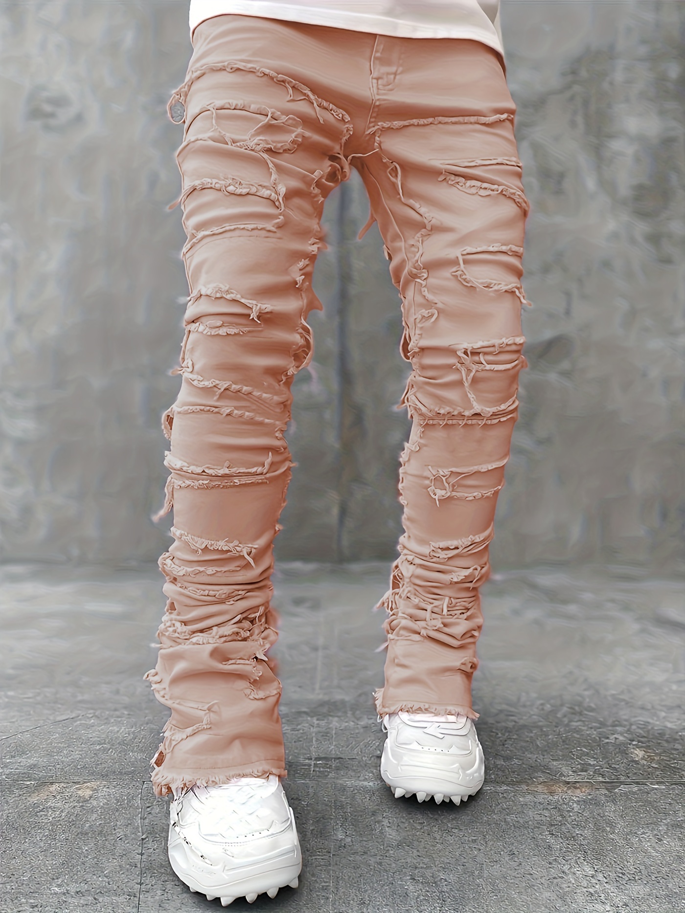 Y2k Clothes Men's Hip Hop Style Patchwork Jeans With Tassels, Street Style  Chic Stretch Denim Pants - Temu