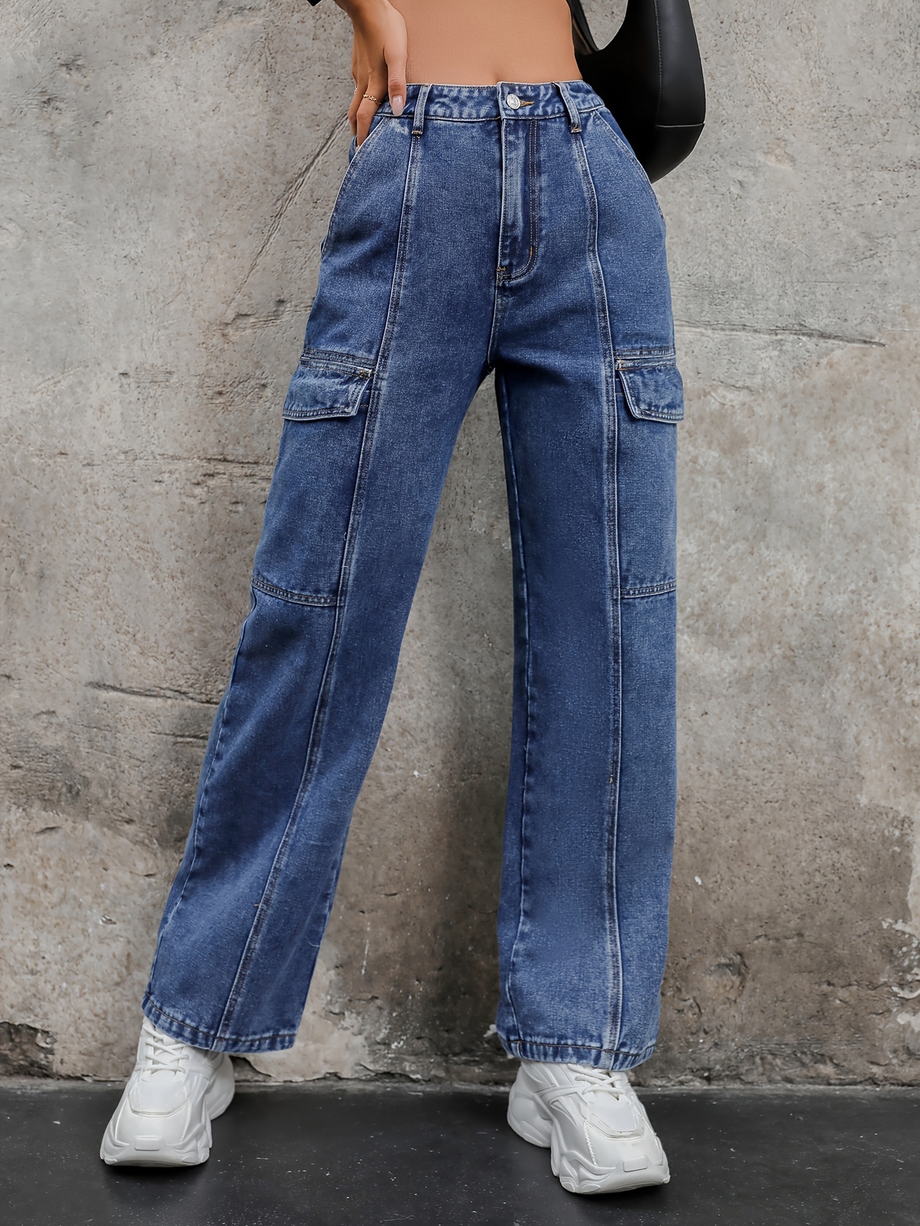 Multi Flap Pocket Solid Color Cargo Jeans, Loose Fit Zipper Button Closure  Casual Wide Leg Denim Pants, Women's Denim Jeans & Clothing