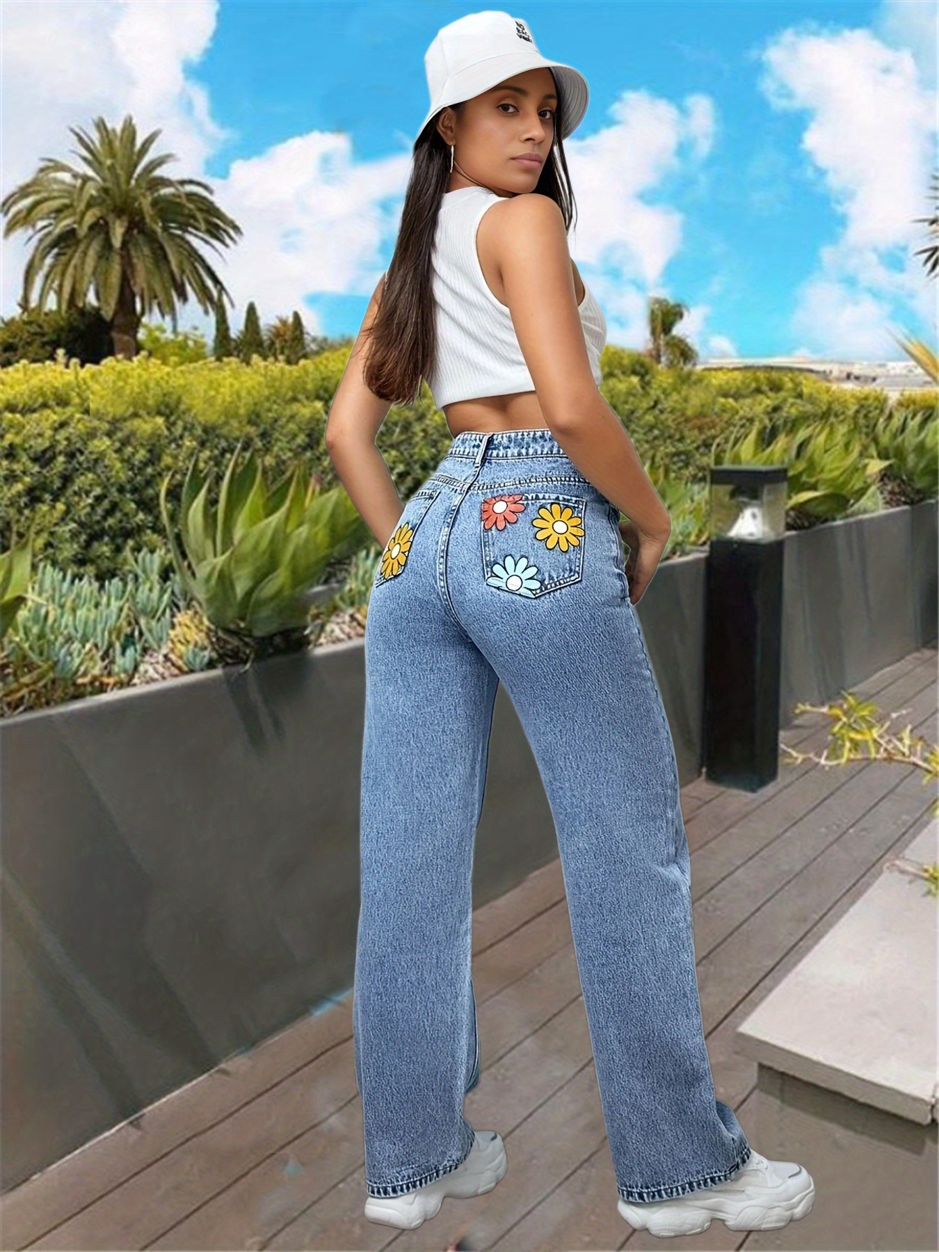  Jeans para mujer - Jeans rectos con estampado floral