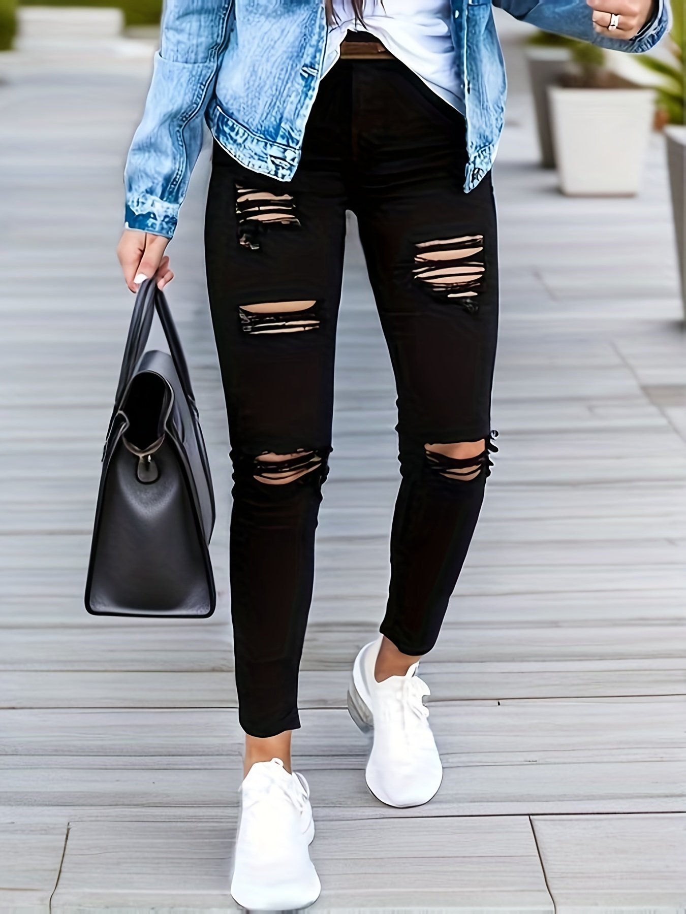 Jersey leggings Ripped - Black washed out - Ladies