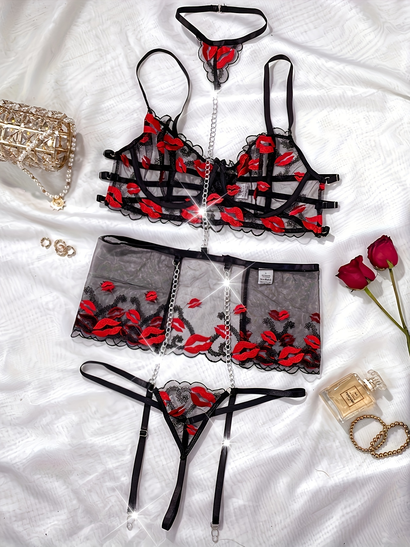 Kiss Embroidery Chain Linked Lingerie Set, Intimates Bra & Garter Belt  Layered Thong, Women's Sexy Lingerie & Underwear