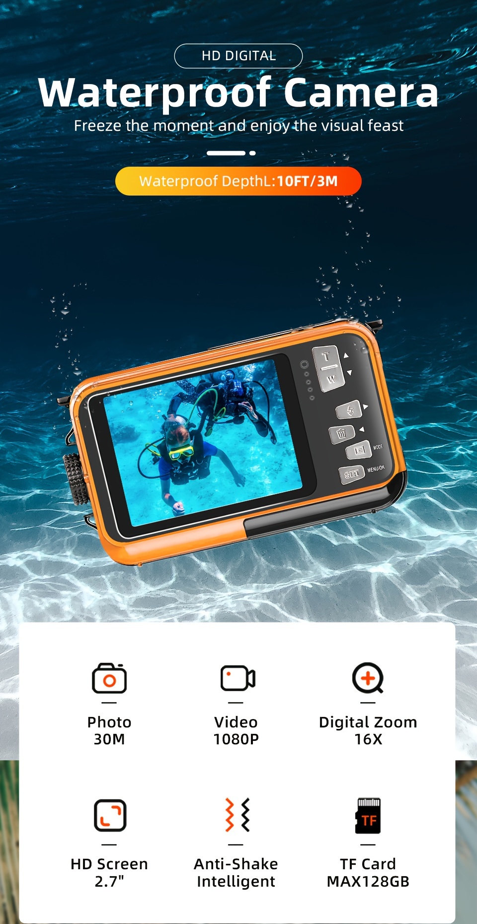 Zerone appareil photo étanche sous-marin Appareil photo numérique étanche  1080P 30MP 16X 10FT caméra sous-marine pour la - Cdiscount Appareil Photo