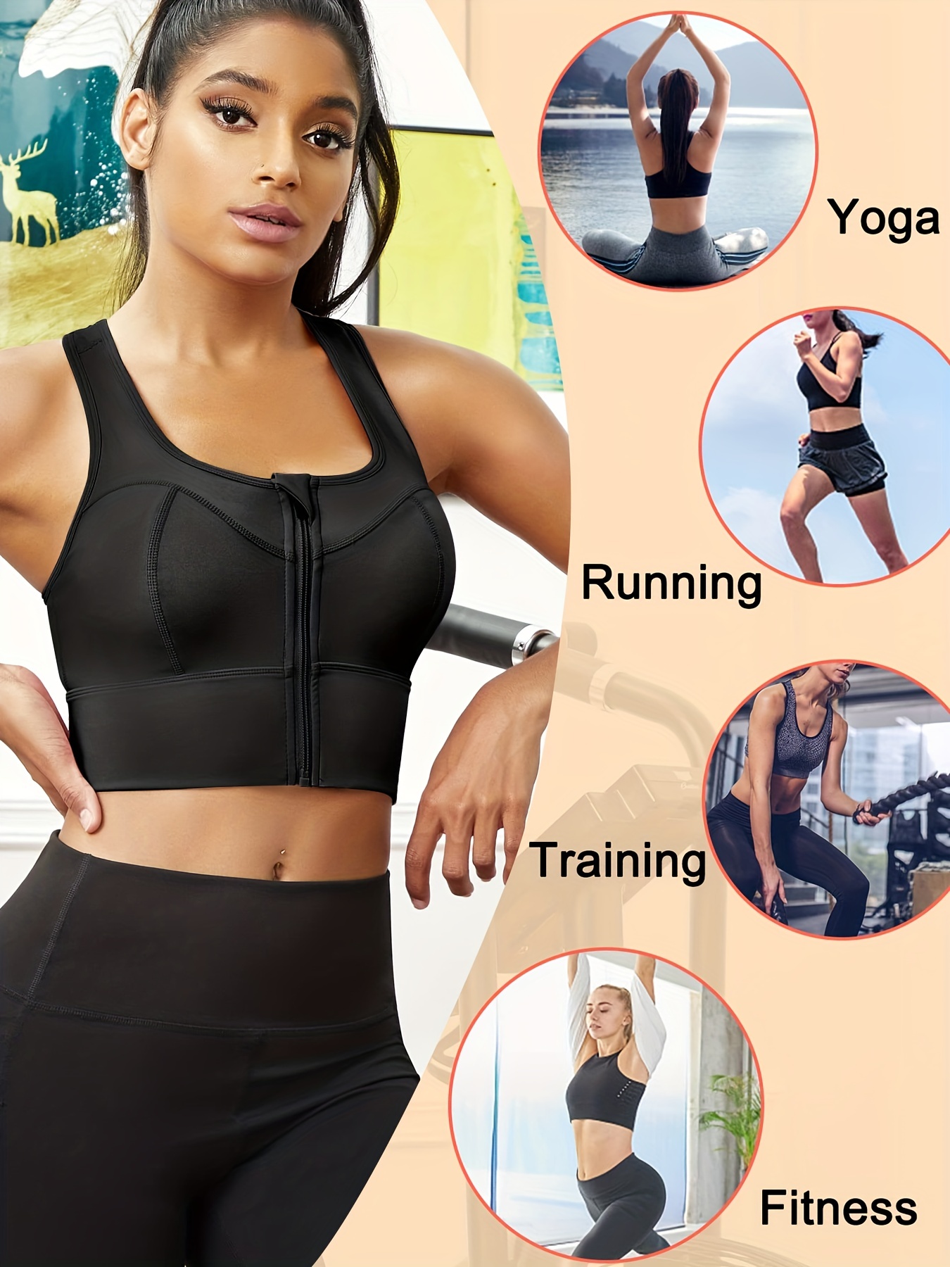 Women's Wide-strap Sports Bra With Front Zipper, Shockproof, Push Up, Back  Support Yoga Top Fitness Underwear