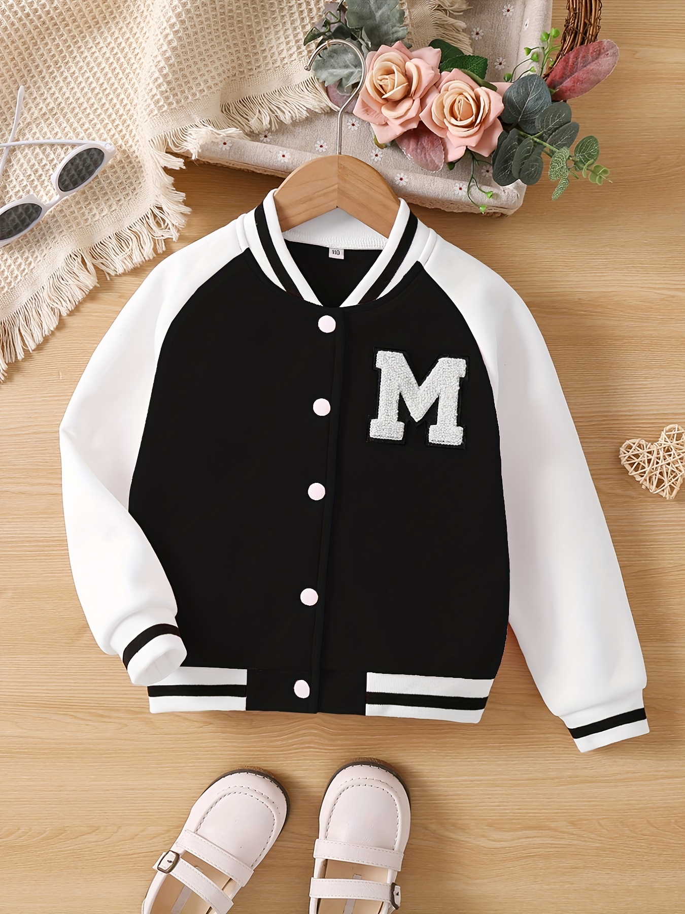 Girls Cute Casual Baseball Jacket, Baseball Collar Long Sleeve Thermal Kids Clothes Winter Outwear,Black,Temu