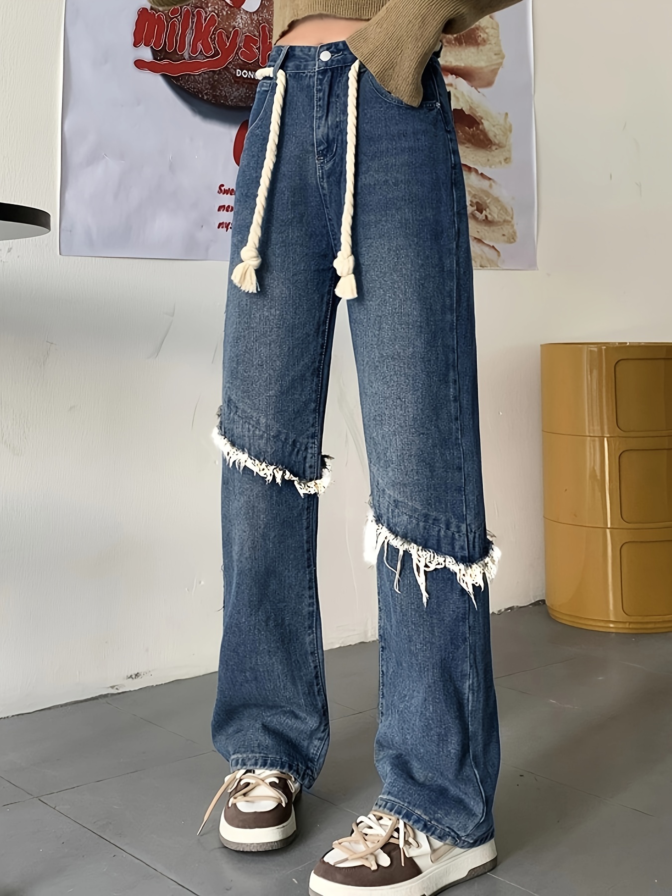 Jeans De Perna Larga Com Cadarço Em A Para Mulheres [u]