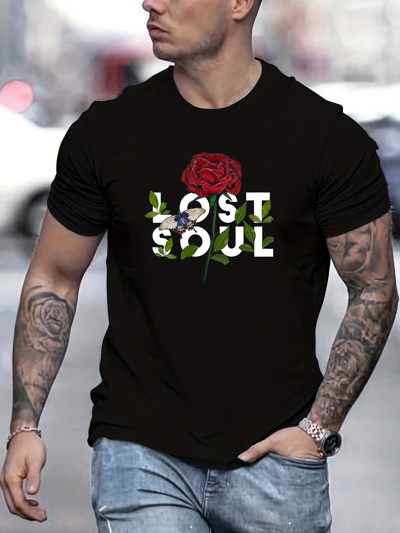 Lost Soul Rose Pattern Men's T-shirt For Summer Outdoor, Men's