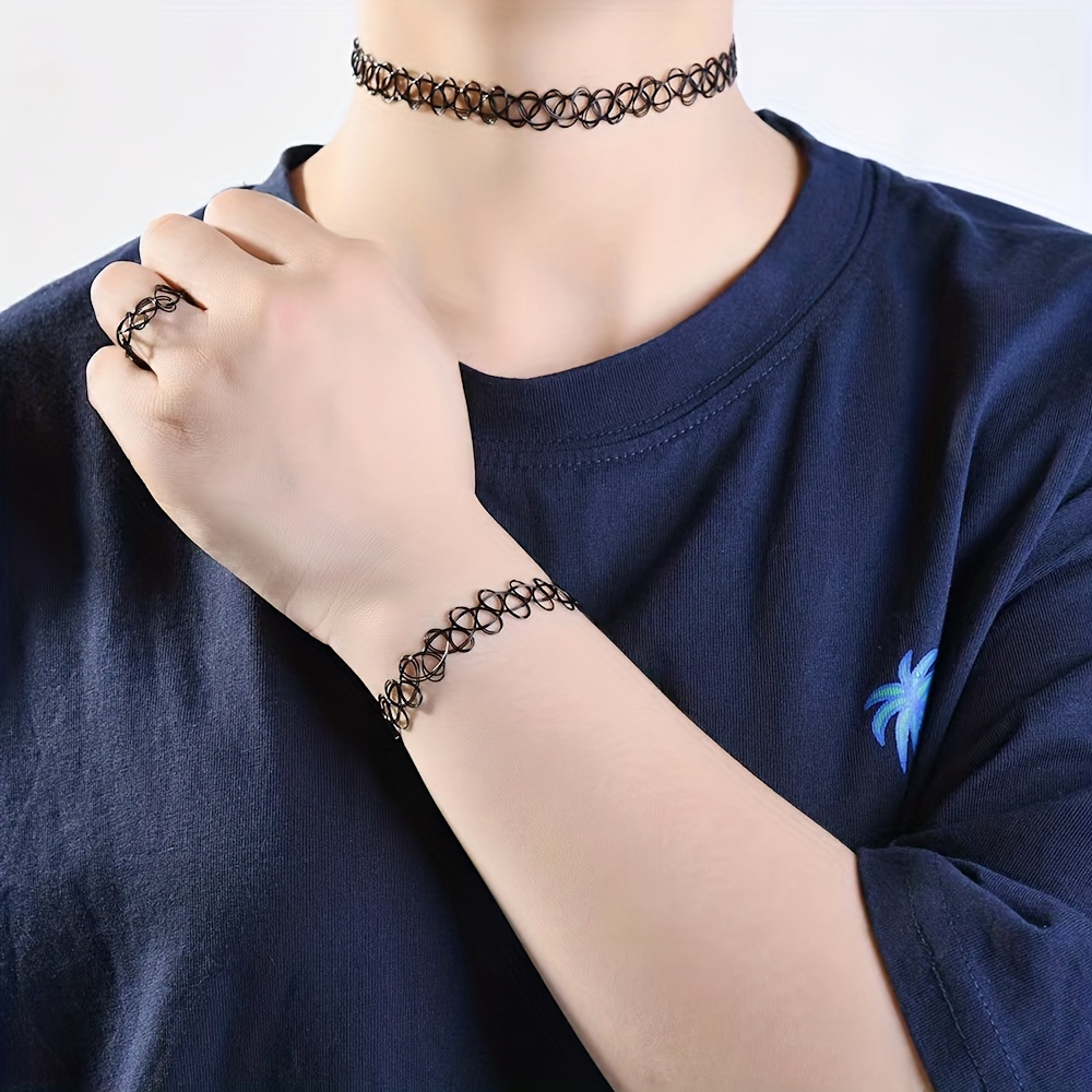 3pcs/set Men's Trendy Personality Black Fish Line Elastic Necklace Bracelet  Ring Set