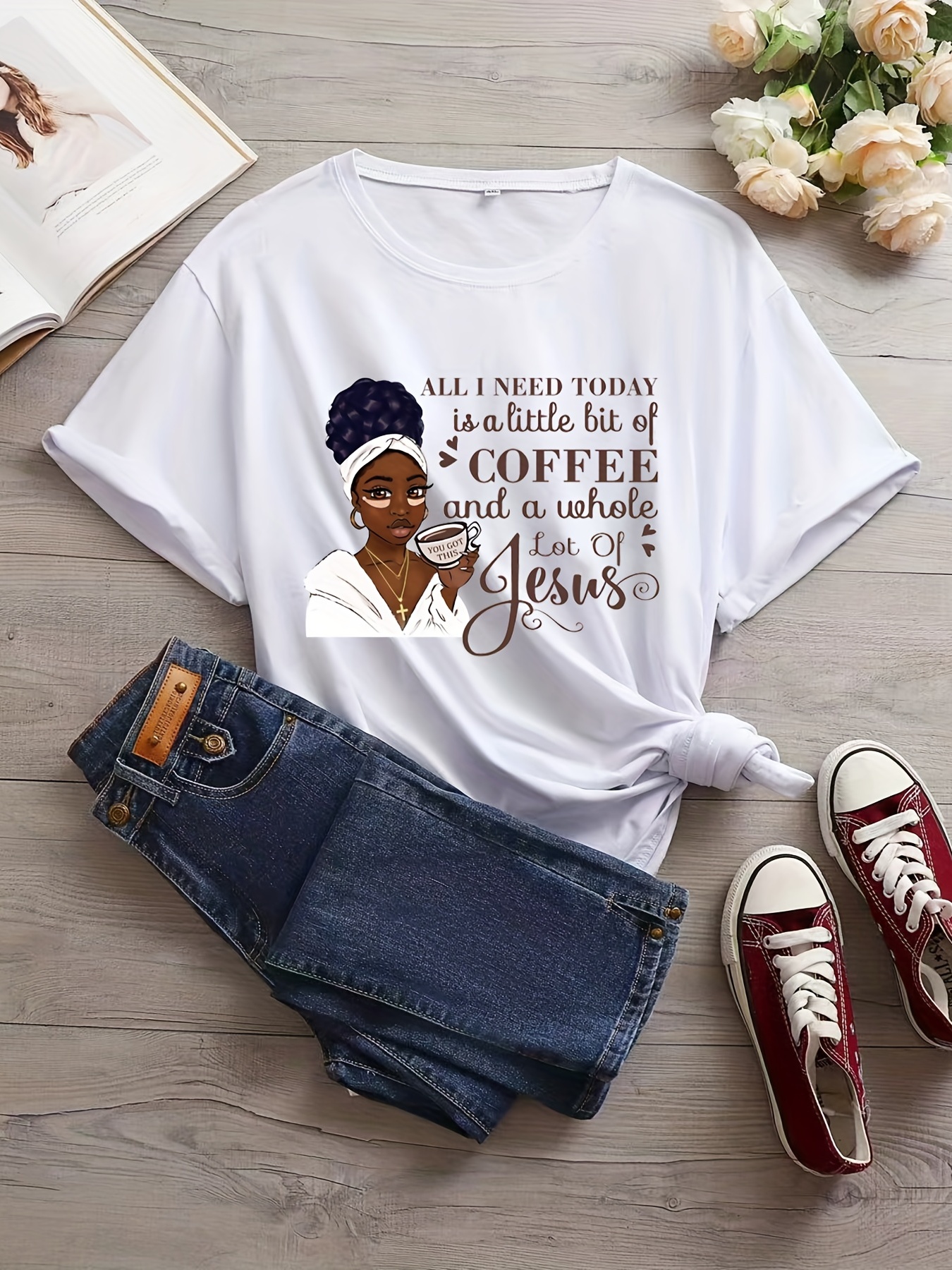 Plus Size Casual T-shirt, Women's Plus Letter Print Round Neck