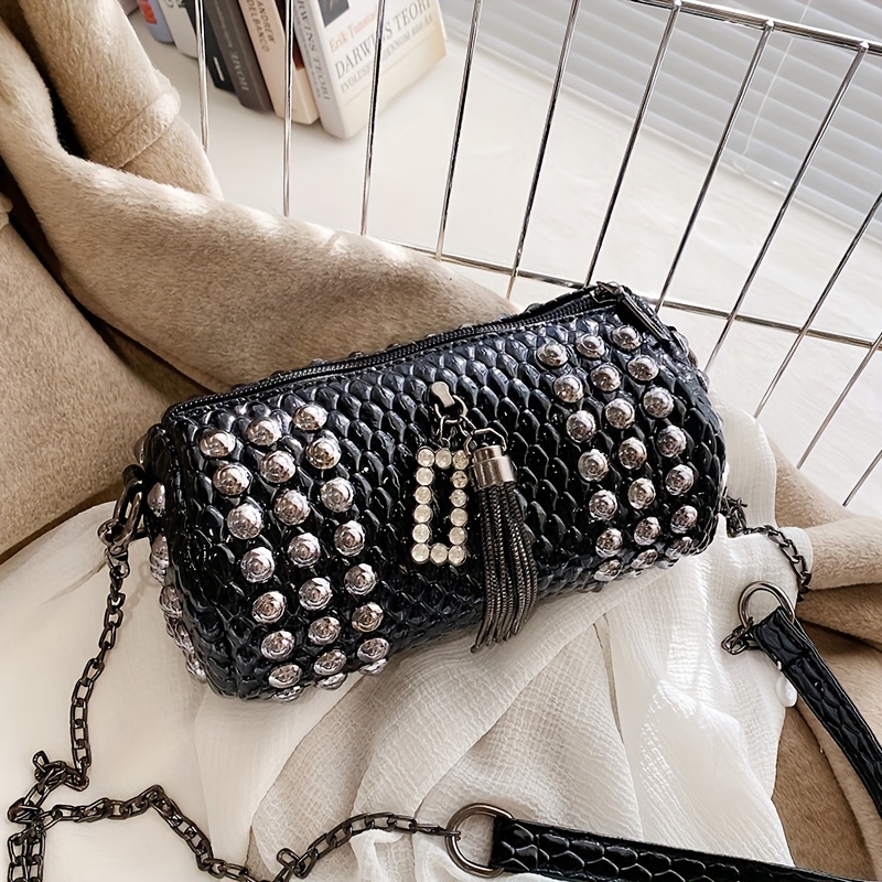 Trendy Studded Decor Crossbody Bag, Punk Style Chain Shoulder Bag, Women's  Tassel Cylinder Purse - Temu
