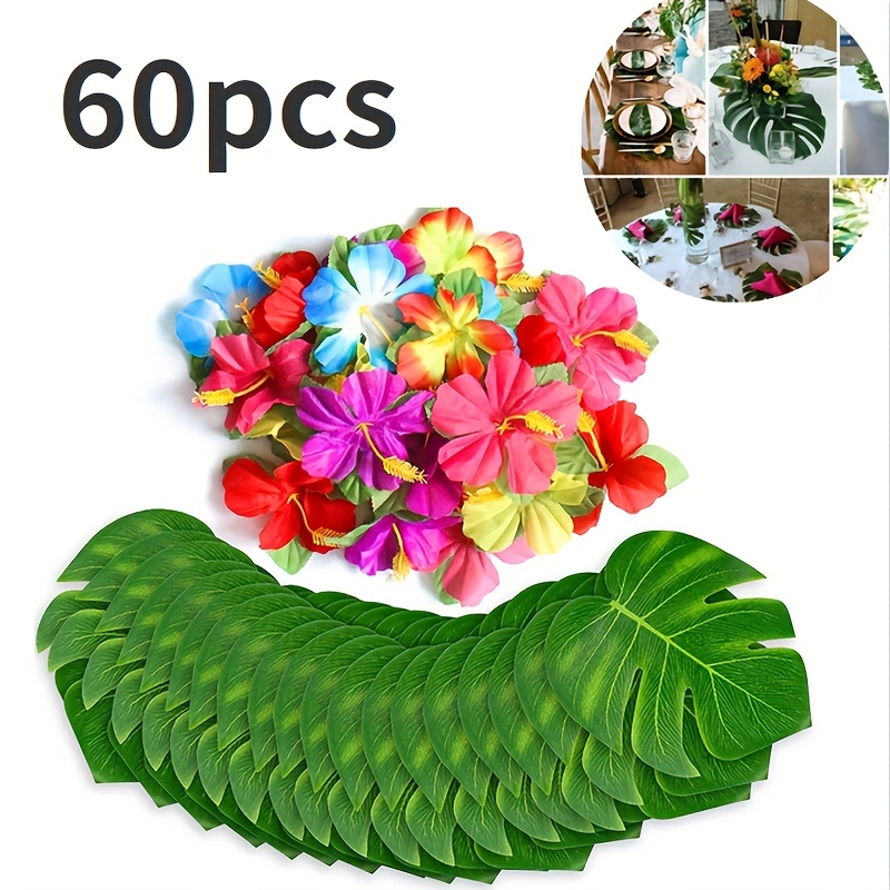 Luau - Decoraciones de fiesta hawaiana, 105 piezas de suministros de fiesta  tropical con falda de mesa de hierba, hojas de palma, flores de hibisco