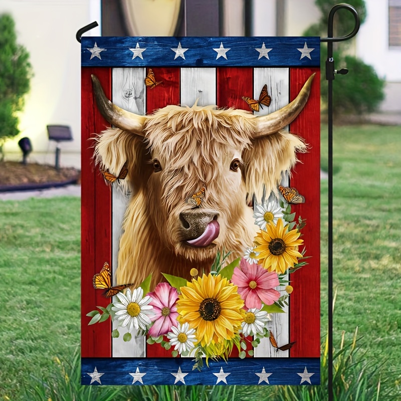 

1pc, Waterproof Highland Cow American Flag, Home Decor, Outdoor Decor, Yard Decor, Garden Decor, Holiday Decor, Double Sided Garden Flags 12x18 Inch