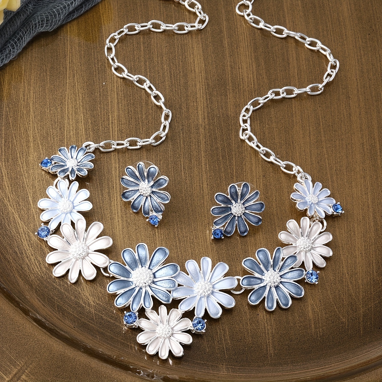 

1 Pair Stud Earrings +1 Pc Necklace With Pretty Blue Flower Design Zinc Alloy Jewelry Set Sweet Female Valentine's Day Gift