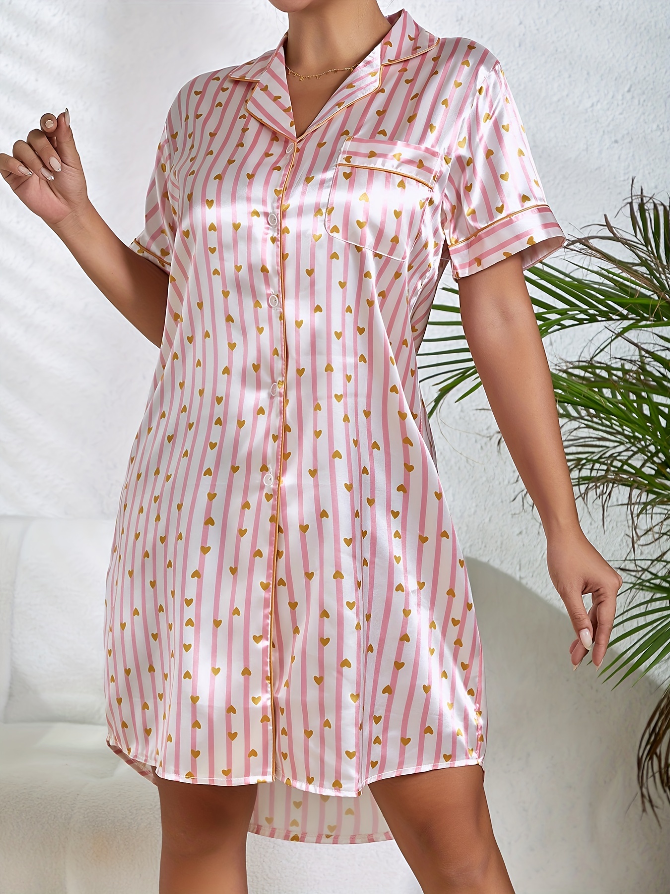 Heart Print NightDress, Short Sleeve Buttons Pajama Dress, Women's  Sleepwear & Dresses