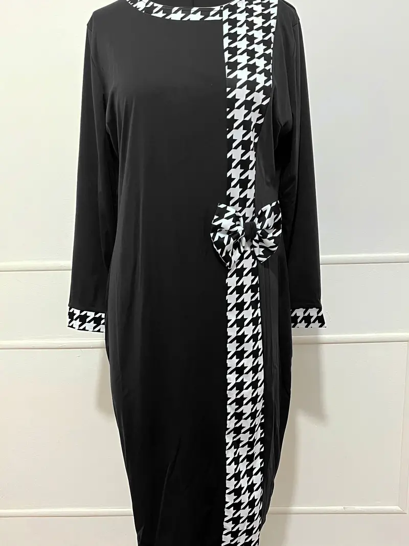 plus size elegant dress womens plus colorblock houndstooth print long sleeve round neck midi dress details 4