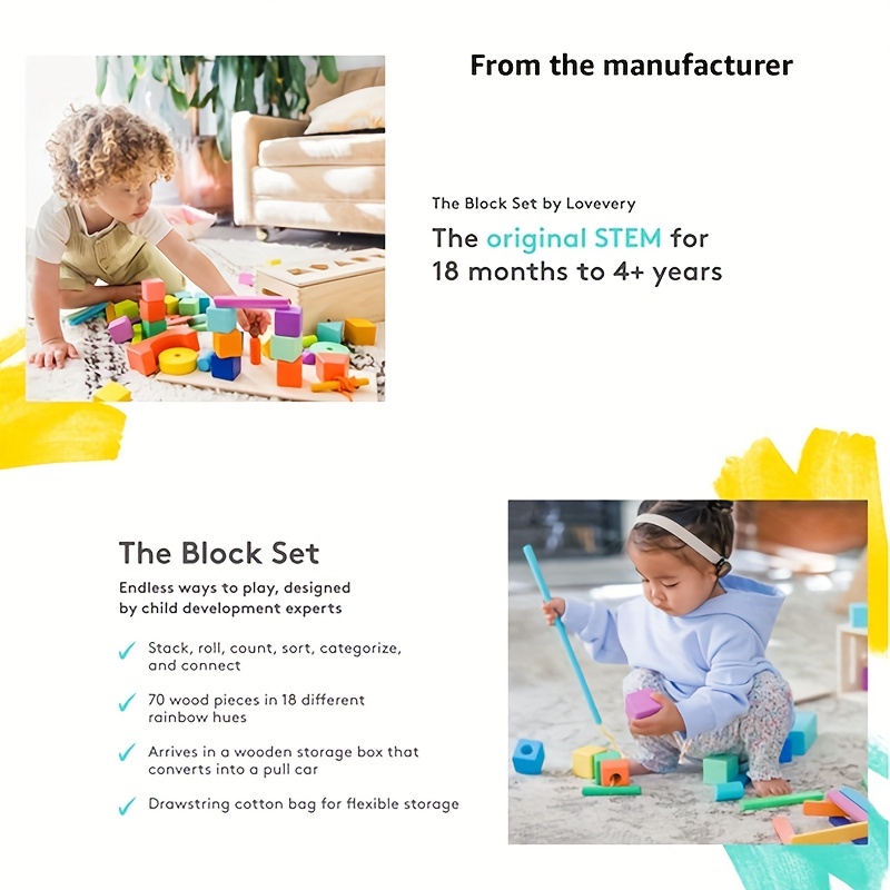 Wooden Block Set, 70-Piece Block Set for Toddlers & Kids