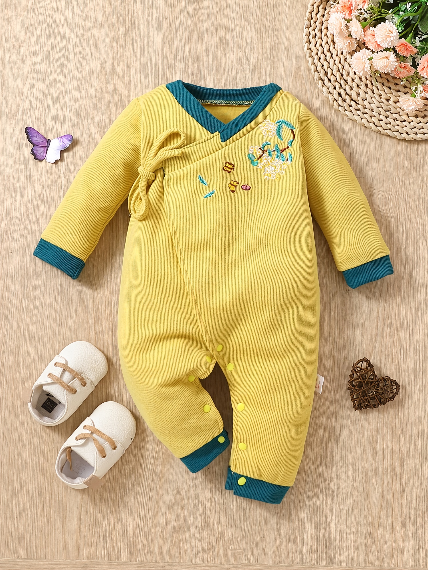 Baby Boys Floral Embroidery Long Sleeve V neck Jumpsuit - Temu