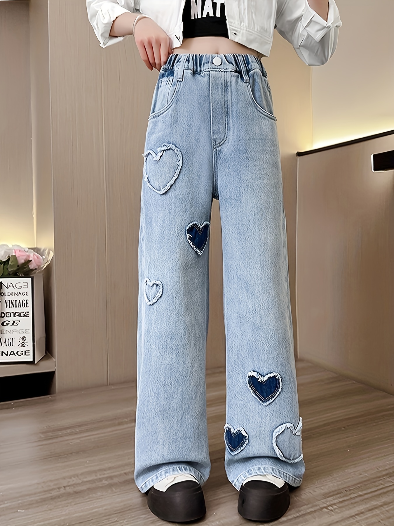 Trendy Girls Heart Patch Baggy Jeans Comfy and Versatile Denim Pants for  Streetwear and Going Out