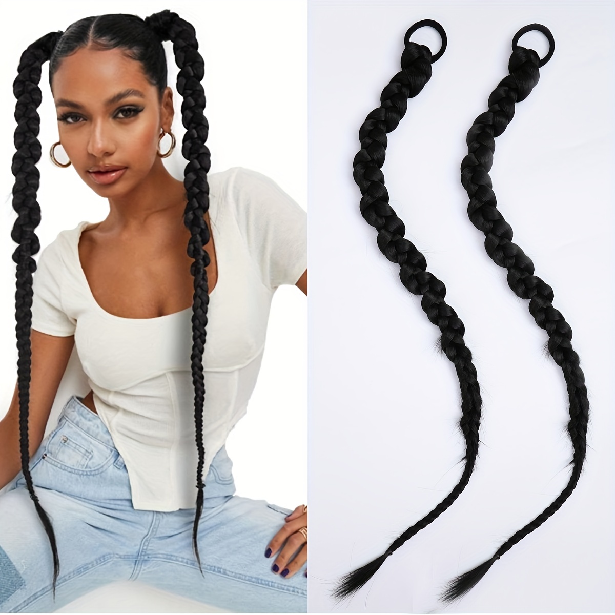 24 Inch Long Braided Ponytail Extension with Hair Tie Braided