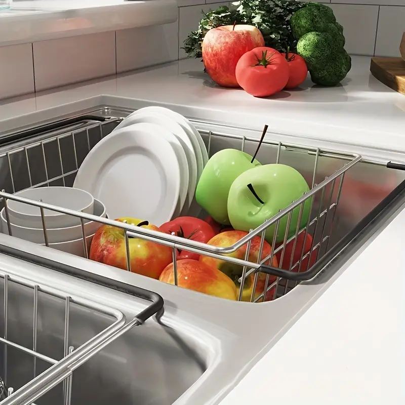 MineSign Extendable Over the Sink Colander Fruits and Vegetables Washing  Basket Adjustable Strainer Sink Dish Drying Rack for Kitchen (Beige)