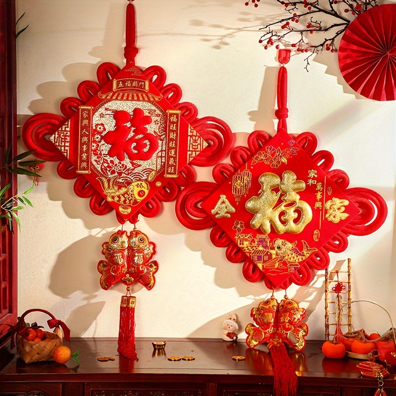 Décor à Suspendre avec nœud Chinois du Nouvel an, Pendentif pour la fête du  Printemps,Cordon de nouage Chinois Rouge de l'année du Dragon, Fu