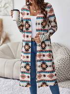 ethnic floral print open front cardigan casual long sleeve mid length outwear womens clothing