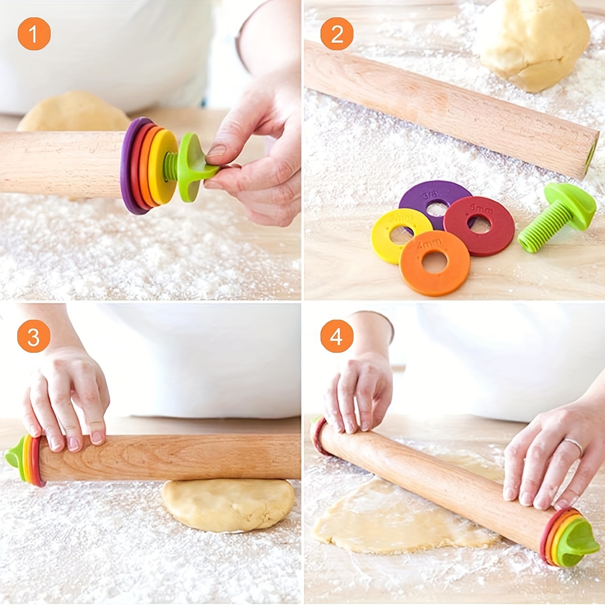 Adjustable Rolling Pin, Dough Roller, Silicone Rolling Pins with 4  Thickness Rings for Baking Dough, Pizza, Pie, Pastries, Pasta,  Cookies(Orange)