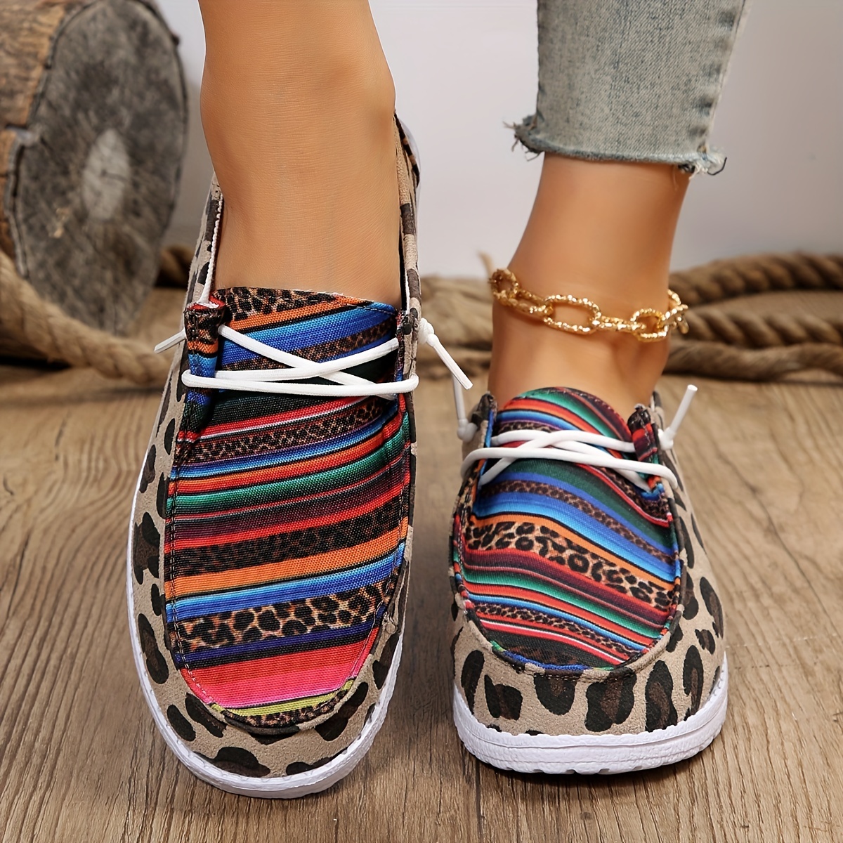 Women's Stripe Leopard Print Boat Shoes Lace Walking Shoes - Temu