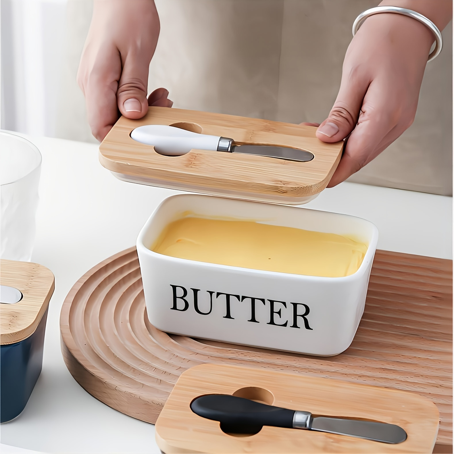 Hasense Butter Dish with Bamboo Lid and Knife，650ml Large Butter