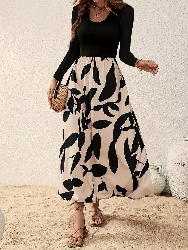 plant print splicing dress casual long sleeve a line midi - Temu Australia plant print splicing dress casual long sleeve a line midi - Temu Australia