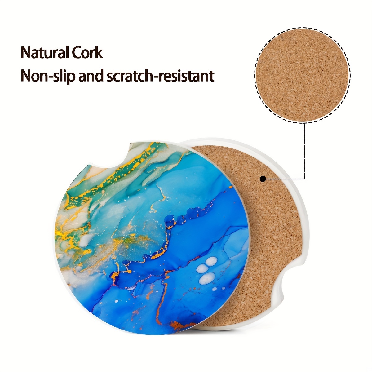 2 Pack 2.56 Ceramic Car Coasters for Cup Holders with Cork Back