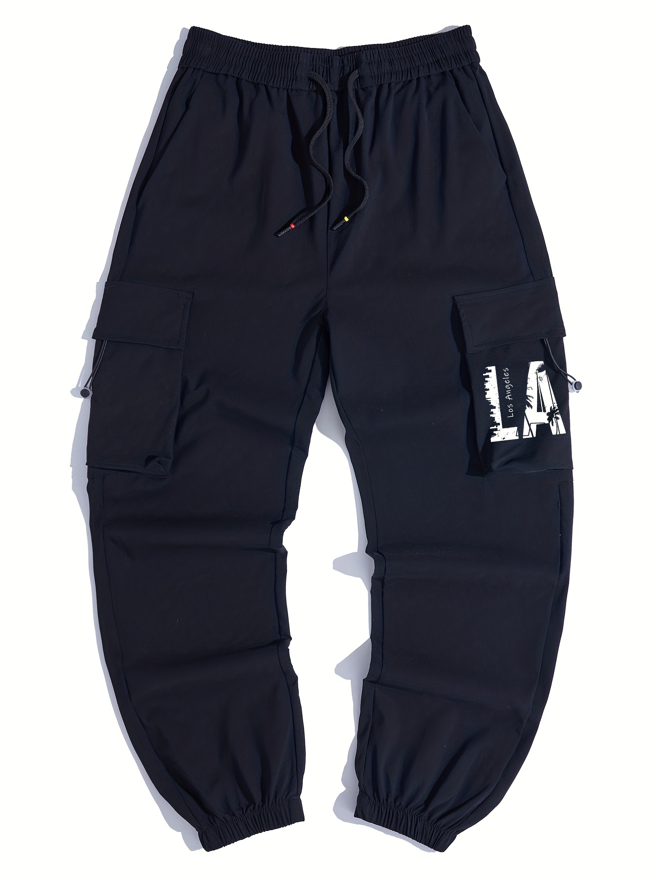 La'' Print Men's Drawstring Flap Pocket Cargo Pants Loose - Temu