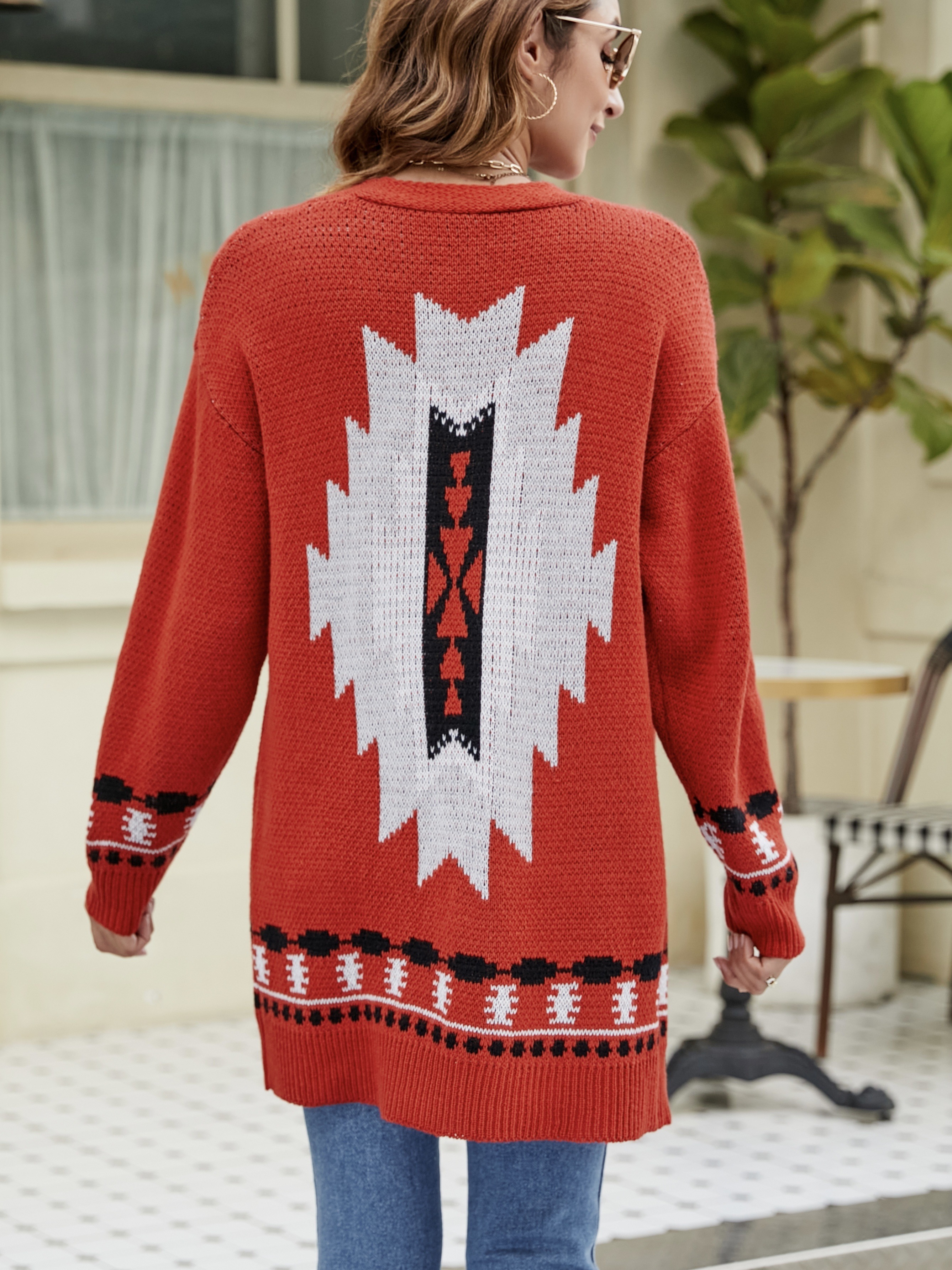 Western Aztec Pattern Knit Cardigan Casual Open Front Long - Temu Canada