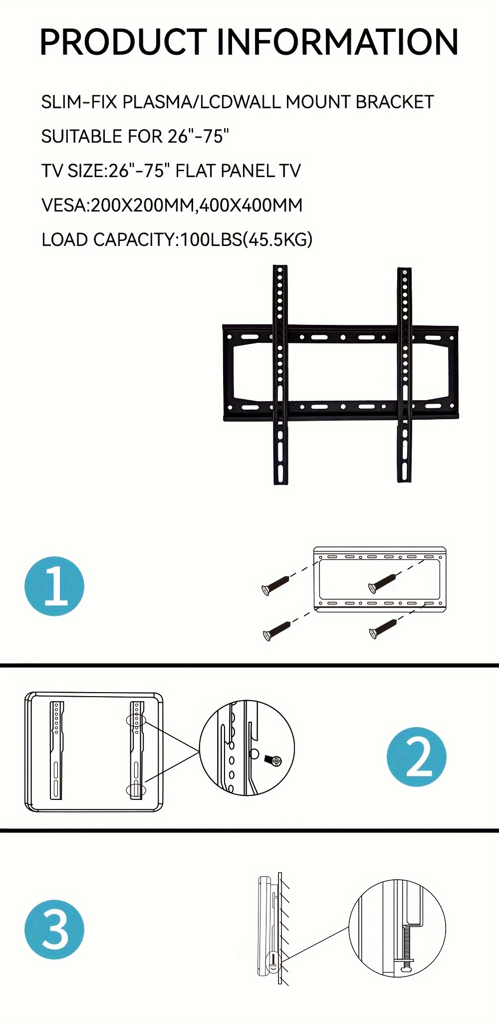 1pc ultra   tv wall mount universal tv mount bracket low profile for most 26 65 26 65 inch led lcd oled tvs monitors 200x200mm 400x400mm   100lbs 45 5kg details 3