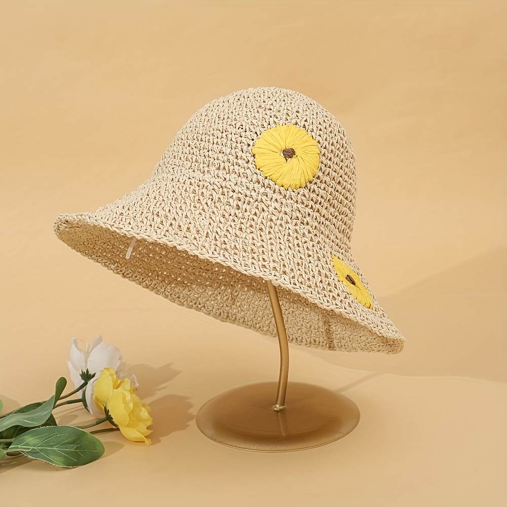 Hollow Crochet Big Brim Straw Hat Solid Color Thin Bow Tie - Temu