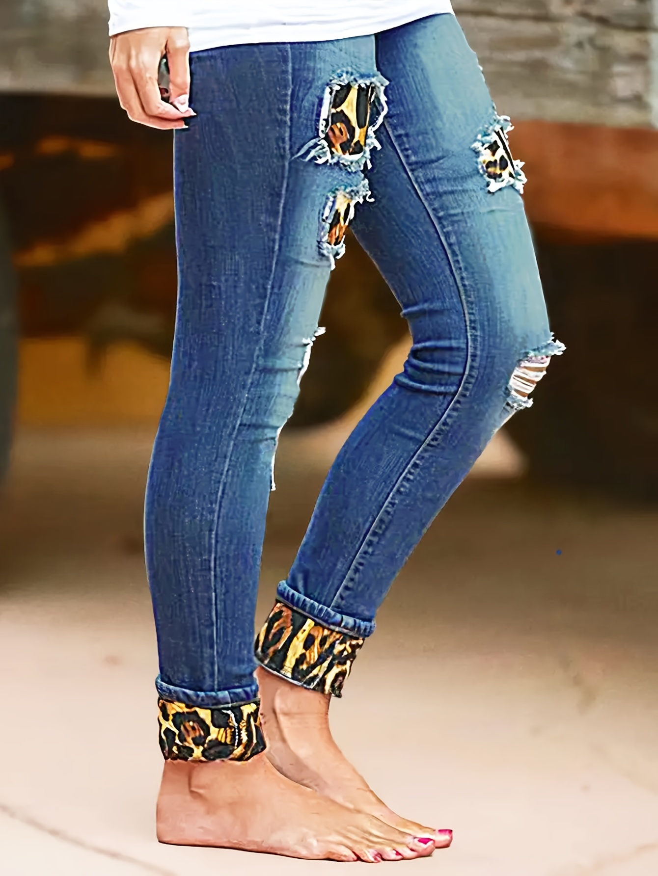 Women's Leopard Print Patchwork High Rise Casual Stretch Skinny Ankle Jean  Boyfriend Vintage Ripped Jeans for Women Blue at  Women's Jeans store