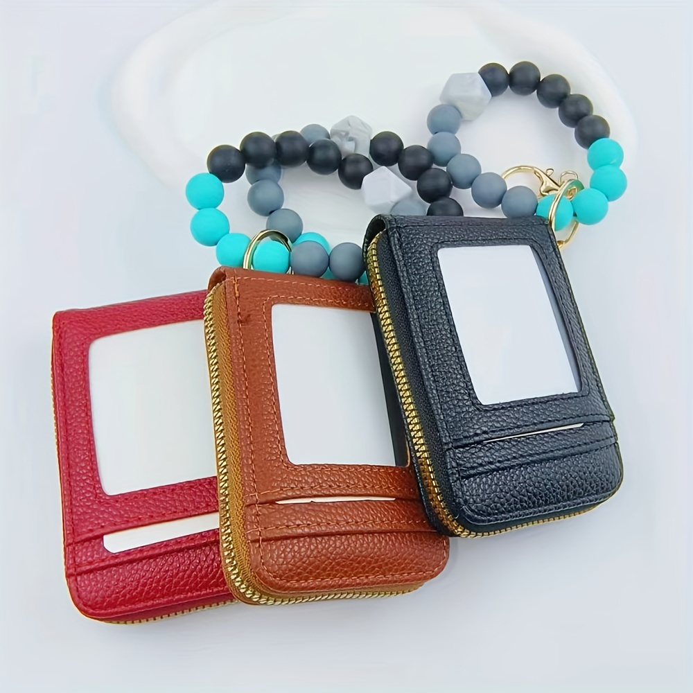 Pu Leather Wristband Keychain Pendant Solid Color Woven Pocket